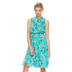 ELLE Dress Midi Floral Polka Dot Lined Dress Aqua Small